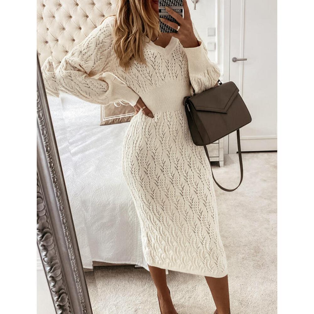 Robe en maille élégante col V effet transparent