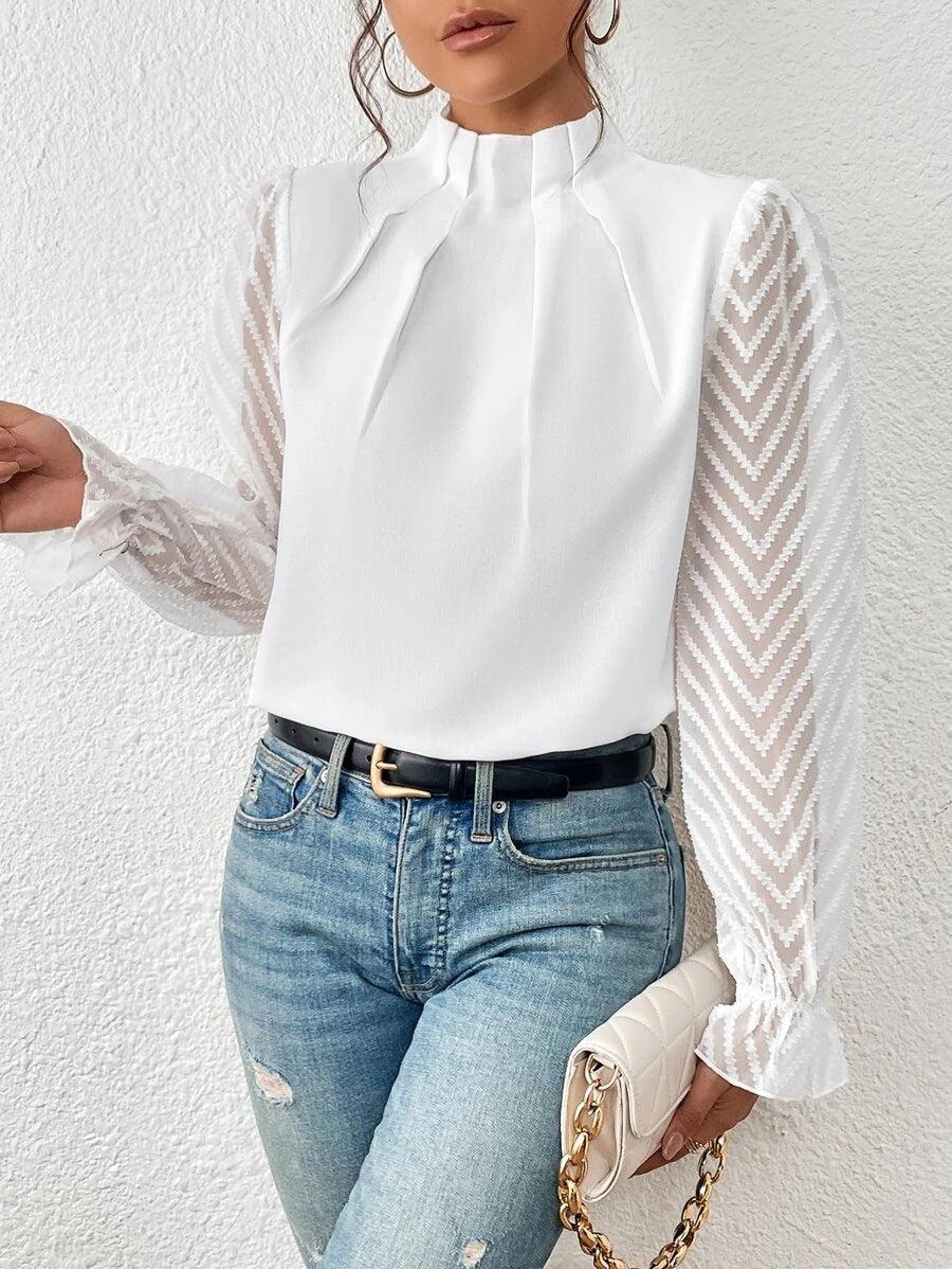 Chemisier élégant pour femme Col plissé Manches transparentes