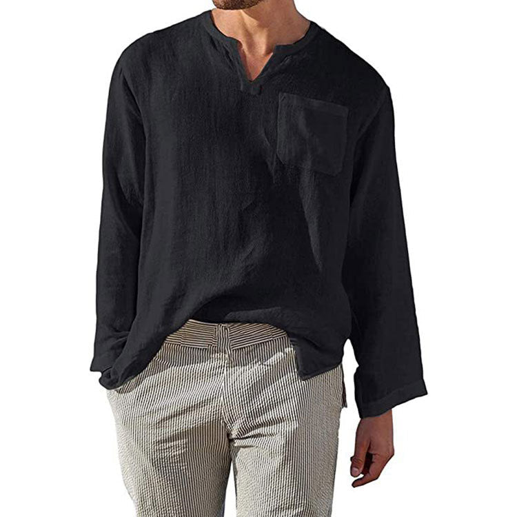Chemise Homme Lin Manches Longues Élégante Poche Poitrine