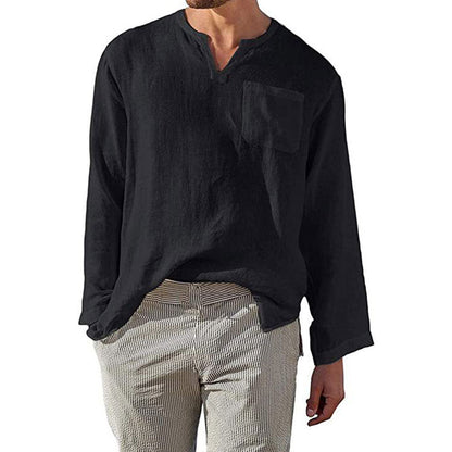 Chemise Homme Lin Manches Longues Élégante Poche Poitrine