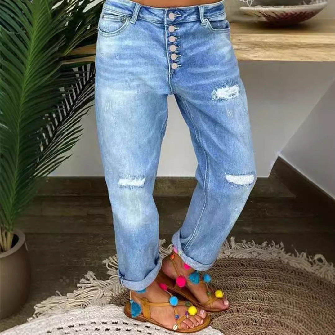 Jean boyfriend relax femme coupe décontractée avec boutons