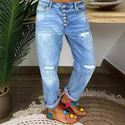 Jean boyfriend relax femme coupe décontractée avec boutons