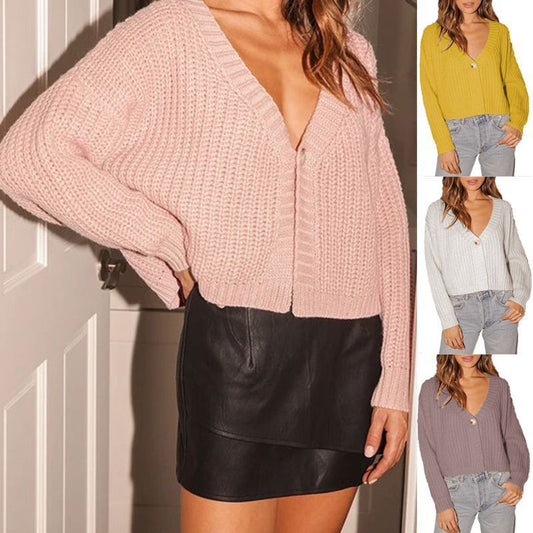 Damen Strickjacke Lässig Schulterfrei Knopfverschluss - IdealeKleiden