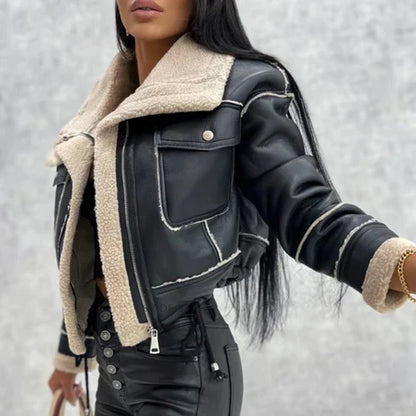 Blouson en cuir élégant noir avec doublure teddy pour femmes