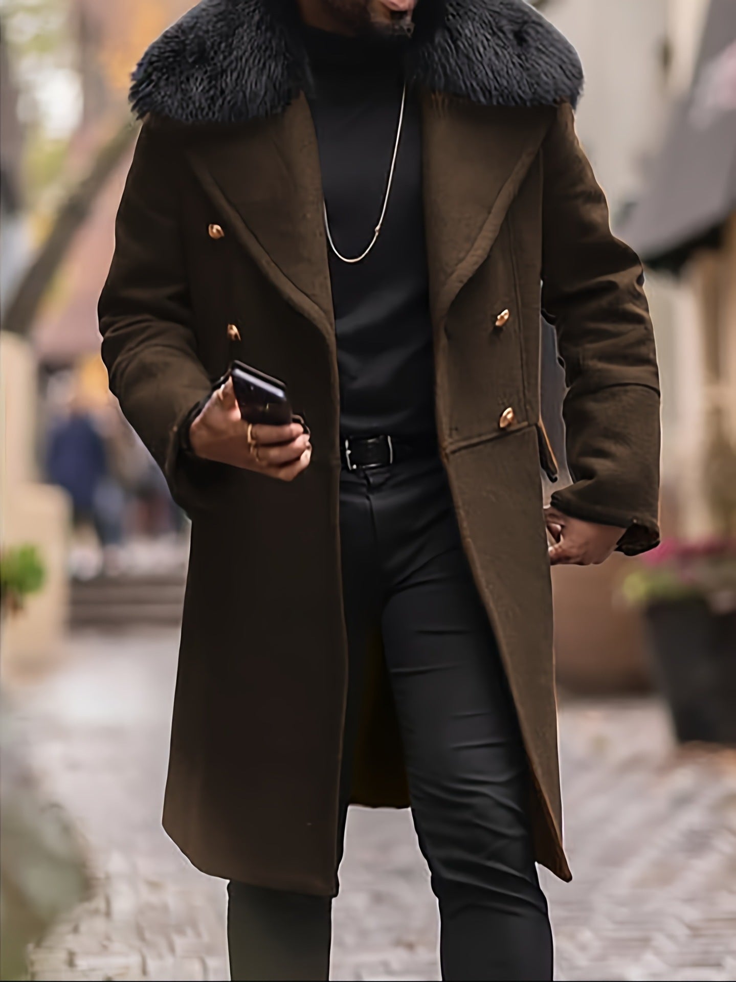 Manteau long homme, design élégant, col en fourrure de luxe