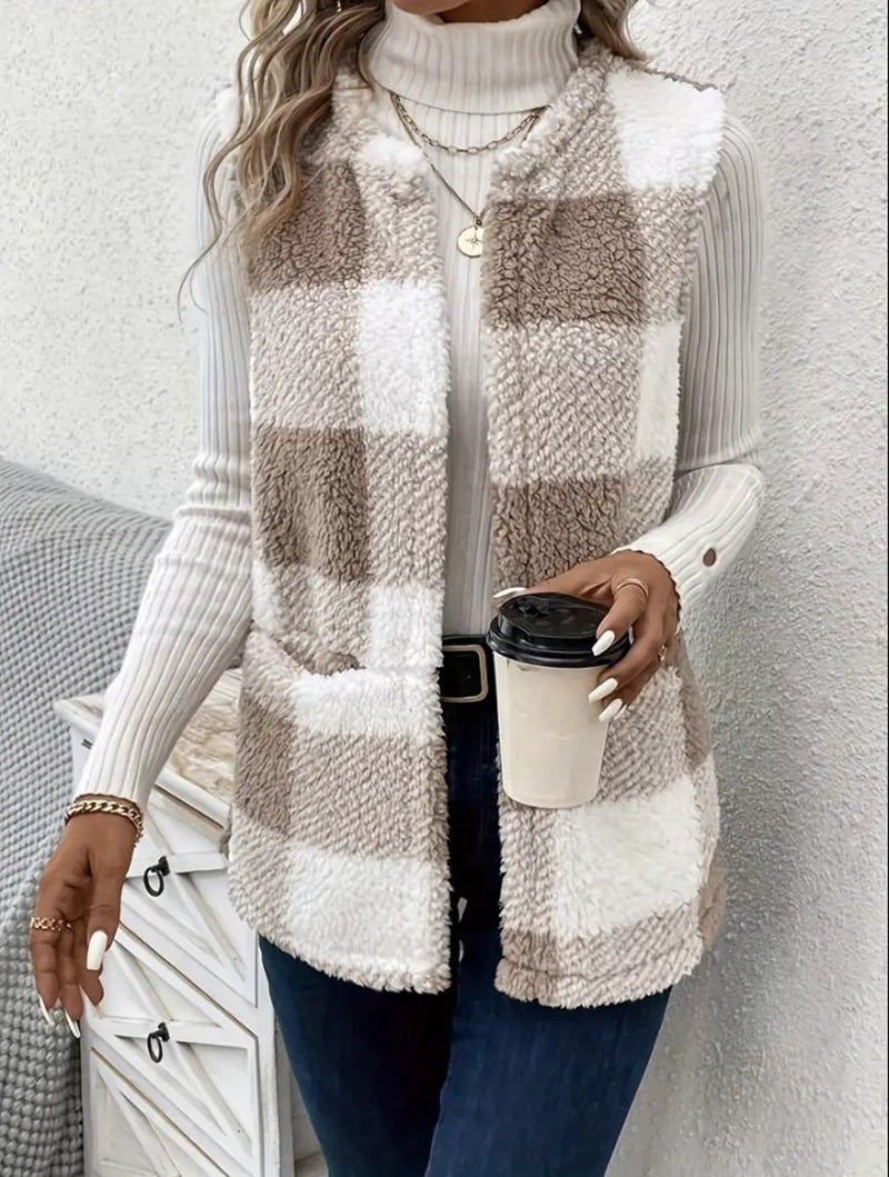 Gilet à carreaux femme doux confortable avec poches
