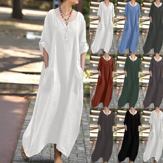 Damen Maxikleid Lässig mit Taschen und Knöpfen - IdealeKleiden