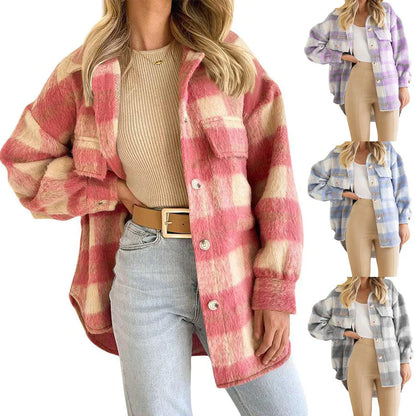 Stylischer Wollmantel Damen Karo Wintermantel Lang - IdealeKleiden