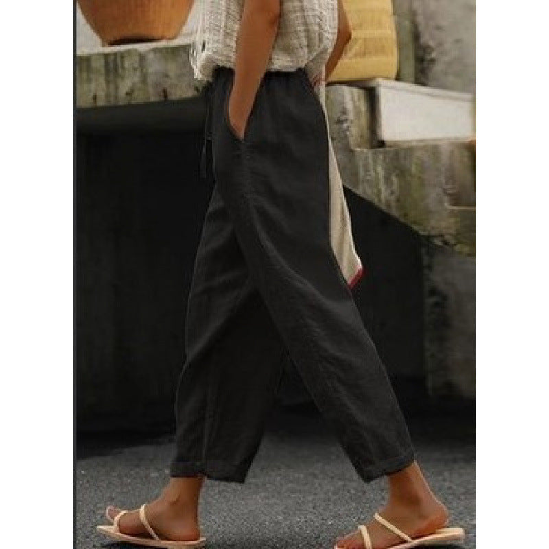 Pantalon en lin femme confortable élastique avec poches