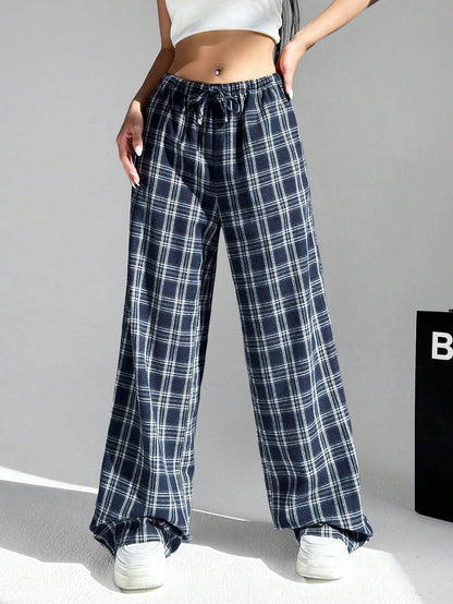Pantalon femme à carreaux confortable coton taille élastique