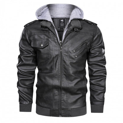 Blouson en cuir pour homme moderne, capuche amovible