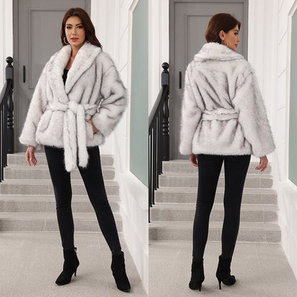 Manteau chic en fausse fourrure pour femme avec ceinture et large col