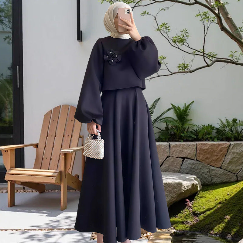 Robe longue élégante à fleurs et manches bouffantes pour femmes
