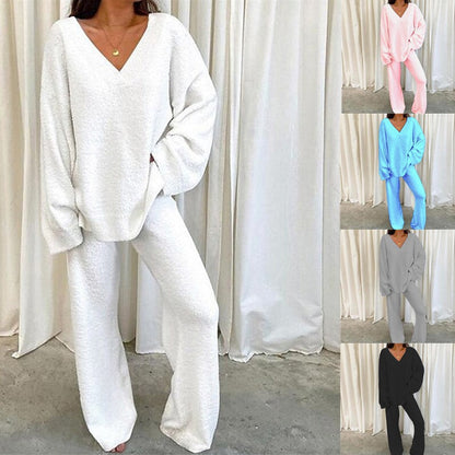 Damen Fleece Lounge Set V-Ausschnitt Komfort Wear - IdealeKleiden