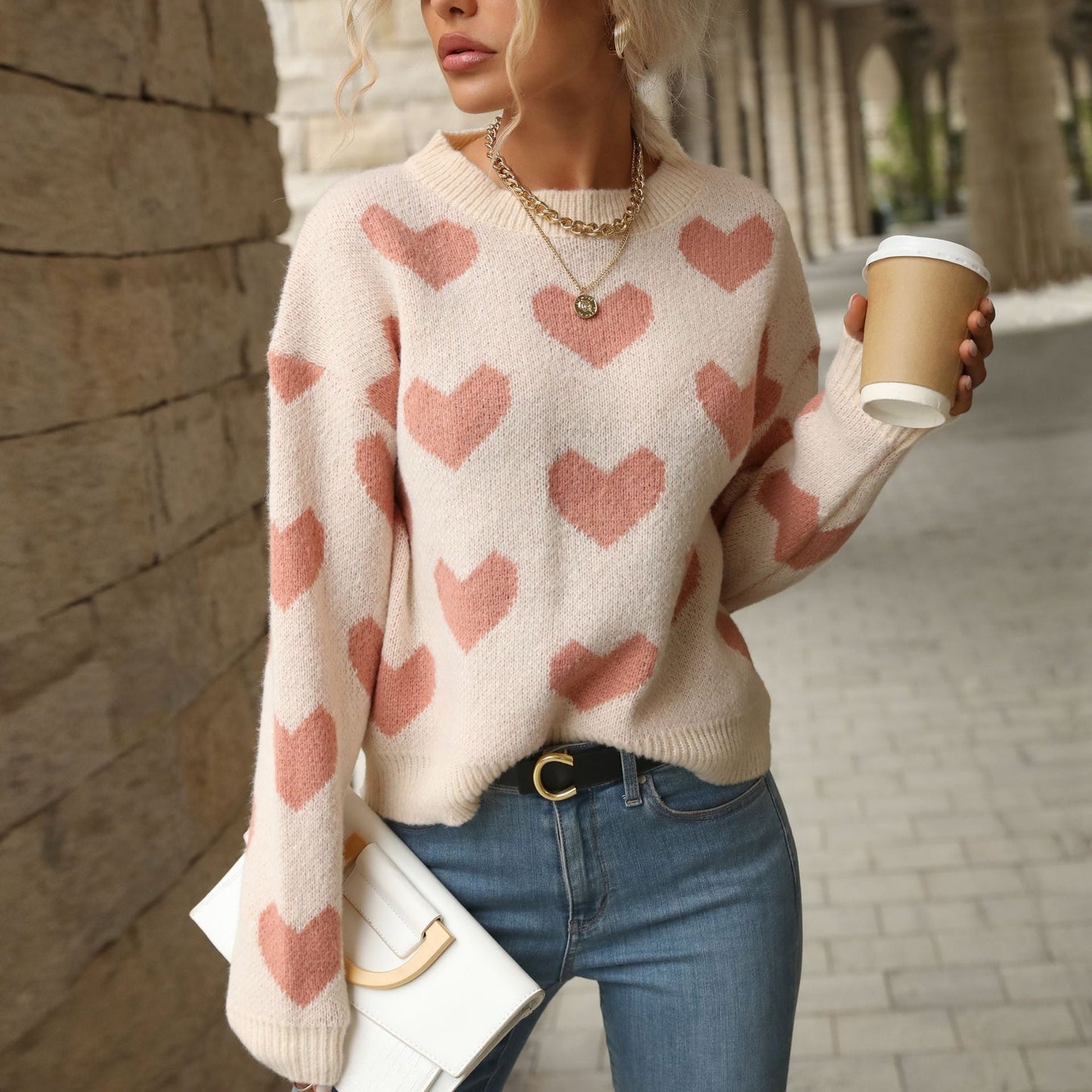 Damen Pullover Herz Muster Weite Passform - IdealeKleiden