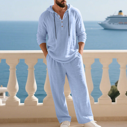 Ensemble de survêtement à capuche en lin pour homme, confortable avec poches