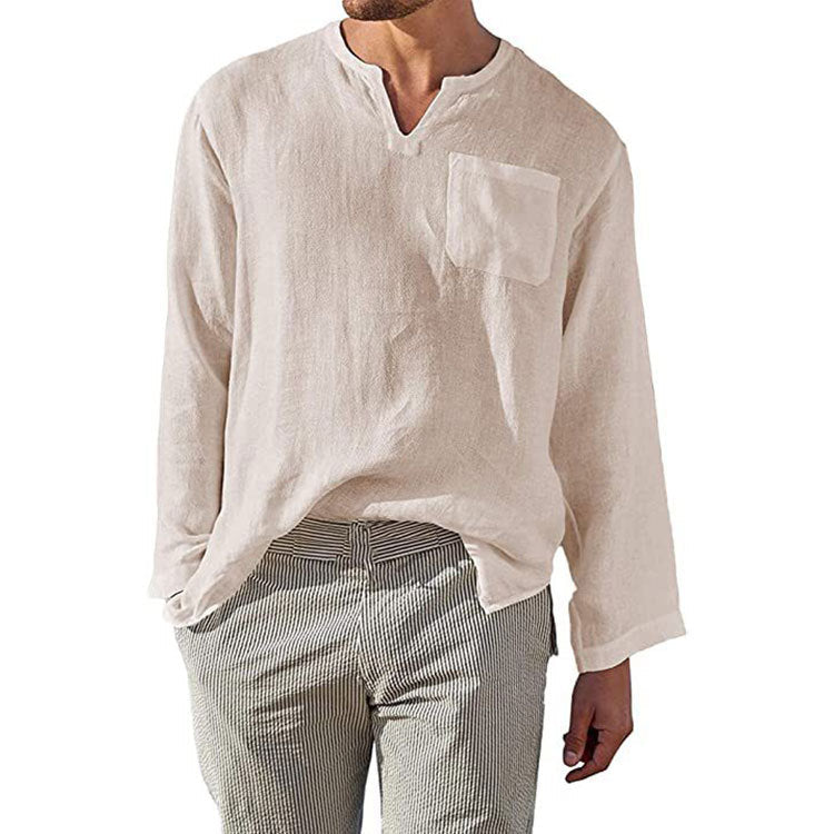 Chemise Homme Lin Manches Longues Élégante Poche Poitrine