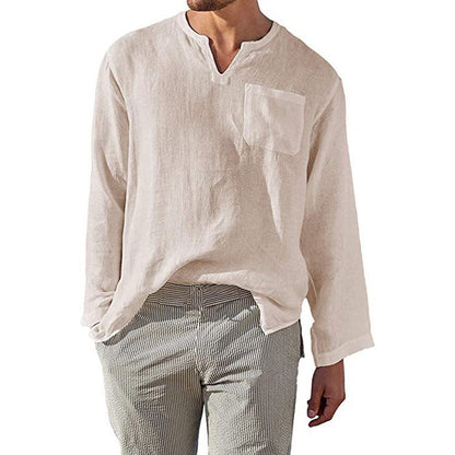 Chemise Homme Lin Manches Longues Élégante Poche Poitrine