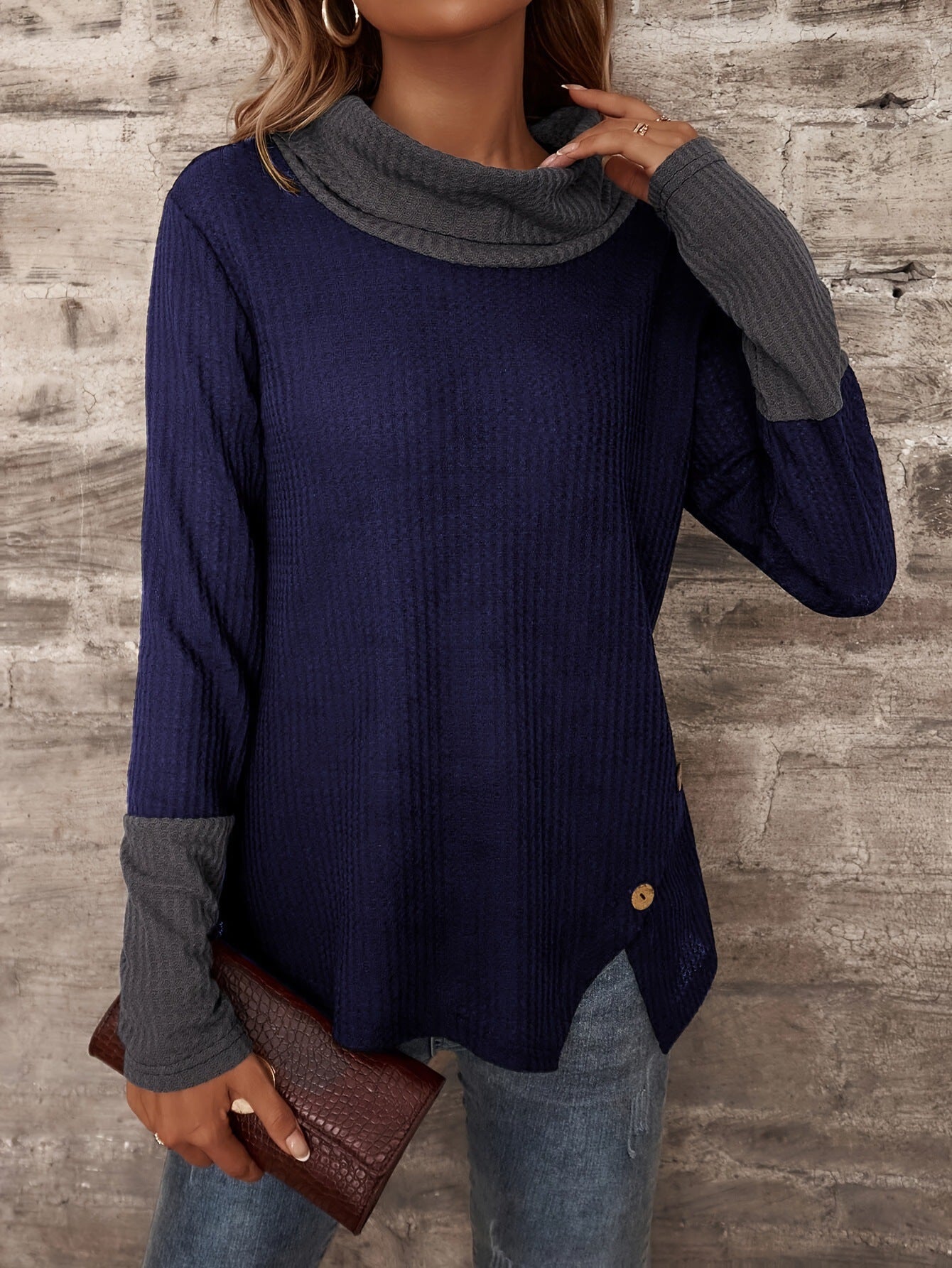 Haut à manches longues pour femmes Col ample Motif texturé