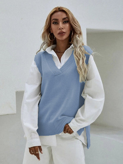 Gilet tricoté pour femme Col en V Larges côtes
