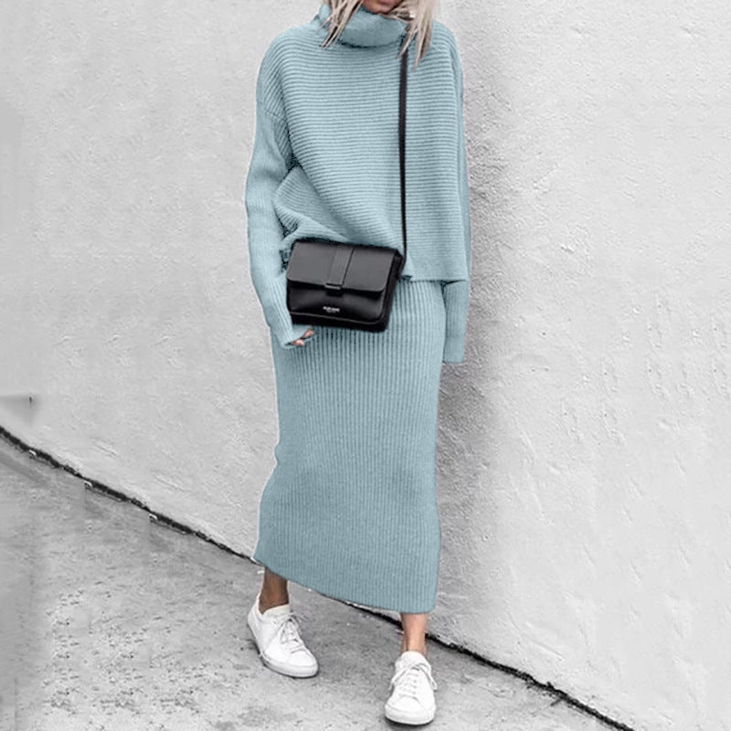 Ensemble pull à col roulé et jupe en maille pour femme
