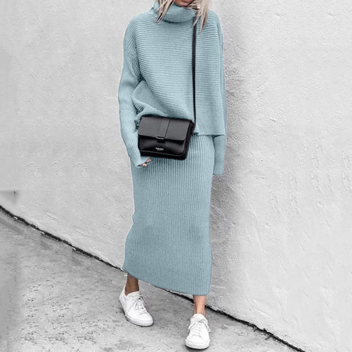 Ensemble pull à col roulé et jupe en maille pour femme