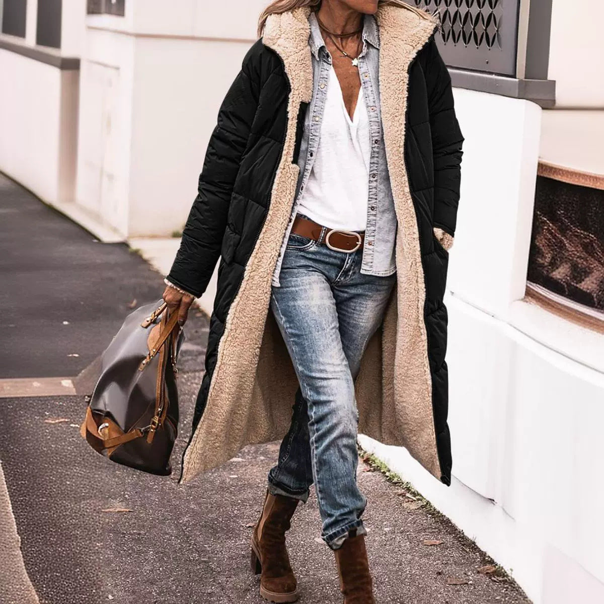 Veste réversible pratique à capuche longueur genou pour femme