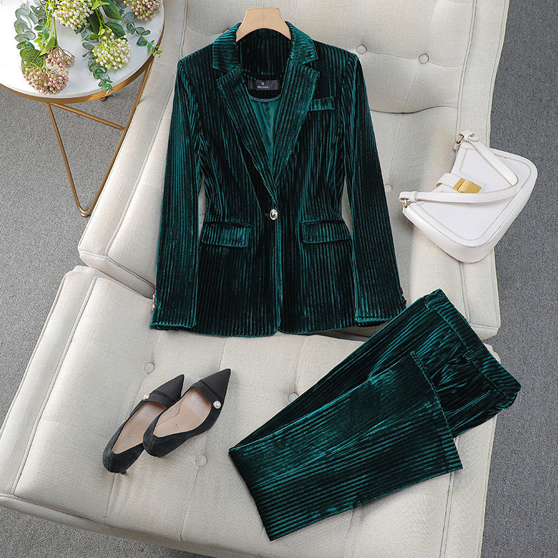Ensemble blazer-robe élégant, Coupe cintrée, Aspect velours