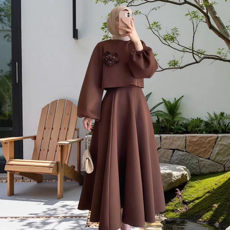 Robe longue élégante à fleurs et manches bouffantes pour femmes