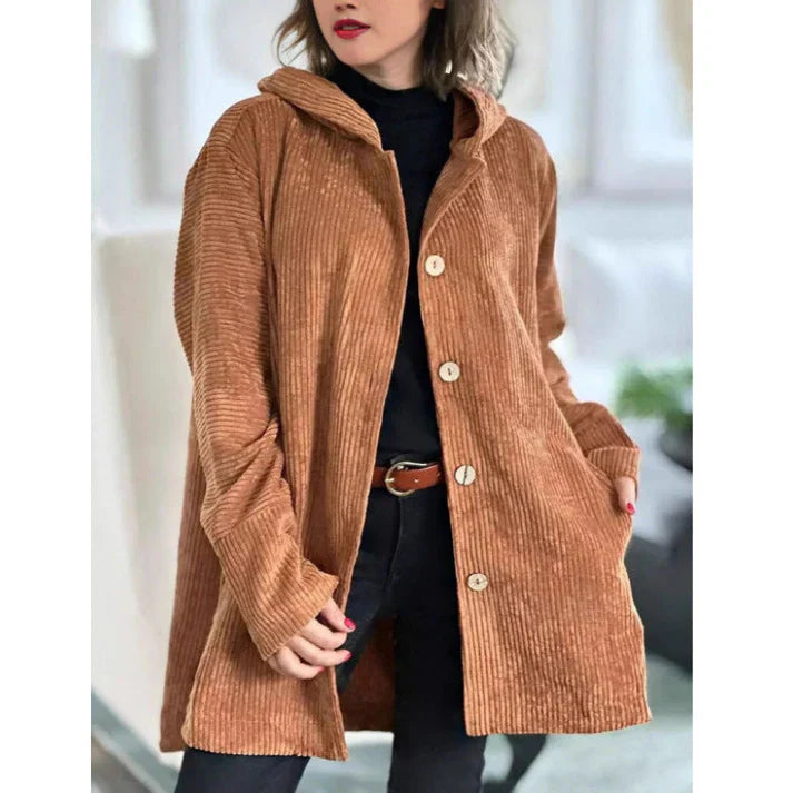 Veste en velours côtelé femme Capuche Boutons Mi-longue