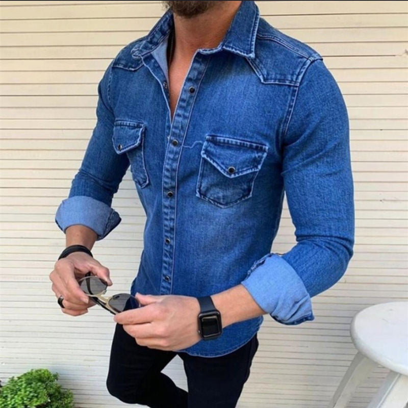 Chemise en jean pour homme coupe slim moderne avec poches poitrine