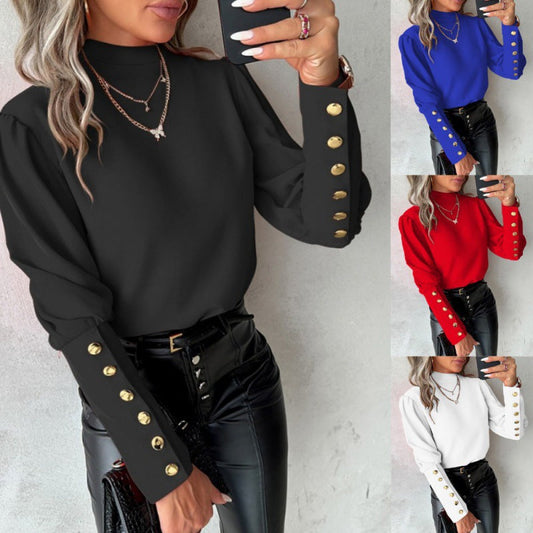 Elegante Damenbluse Puffärmel Gold Details - IdealeKleiden