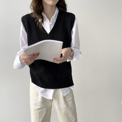 Gilet tricoté sans manches col en V pour femme Tendance