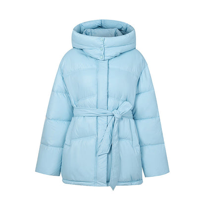 Manteau d'hiver élégant matelassé pour femme avec ceinture et capuche