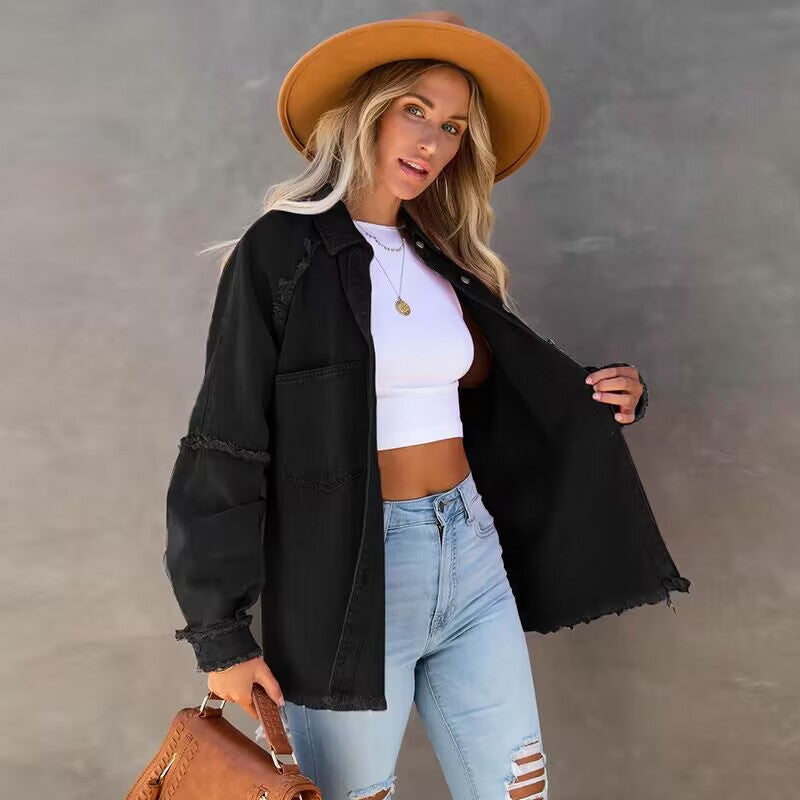 Veste en jean femme décontractée style vintage à franges