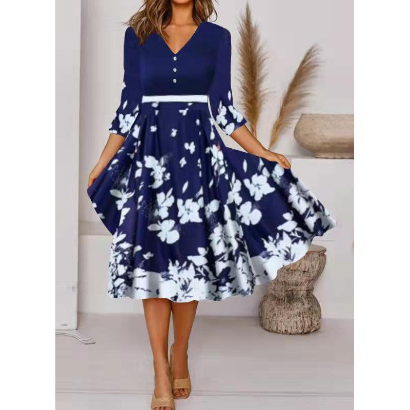 Robe midi pour femme Col en V Motif floral Élégante