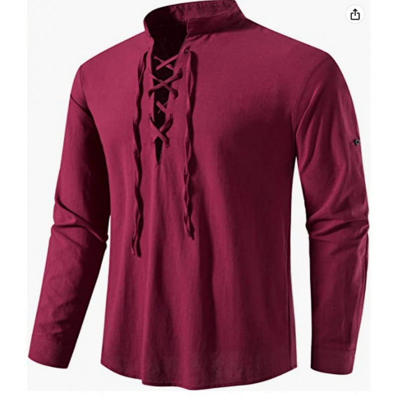 T-shirt manches longues décontracté à lacets pour hommes