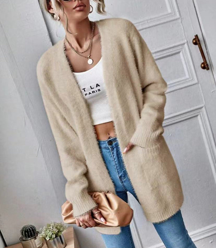Cardigan doux et moelleux pour femme, design simple et élégant