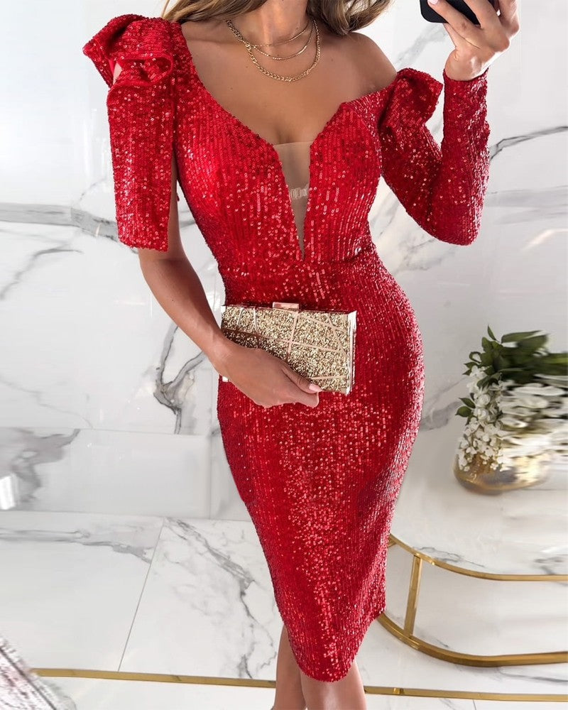 Robe courte à paillettes élégante pour femme, robe de cocktail sexy à col en V