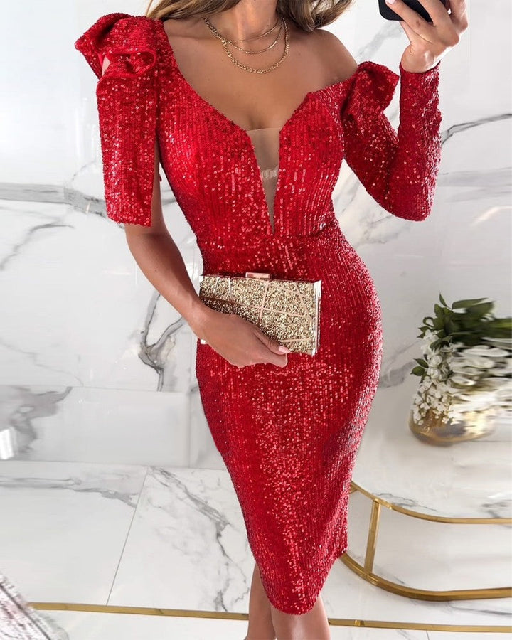 Robe courte à paillettes élégante pour femme, robe de cocktail sexy à col en V
