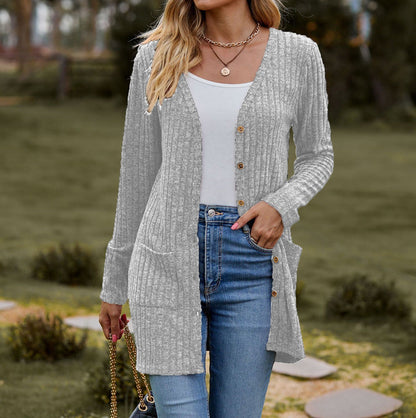 Gilet tricoté doux pour femme avec poches motif côtelé