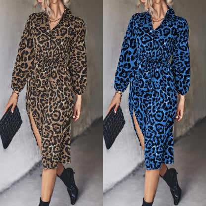 Damen Leopardenkleid Midi Elegant Schlitz Design - IdealeKleiden