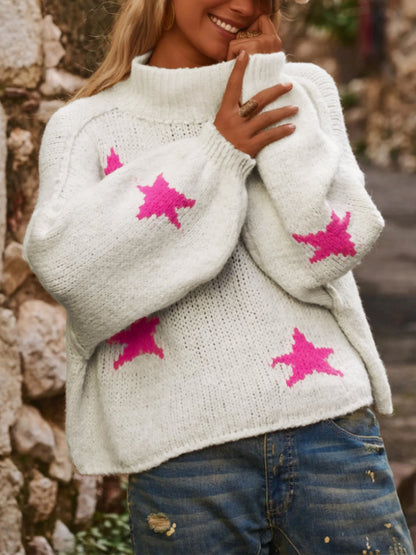 Pull à col roulé pour femmes motif étoiles tendance
