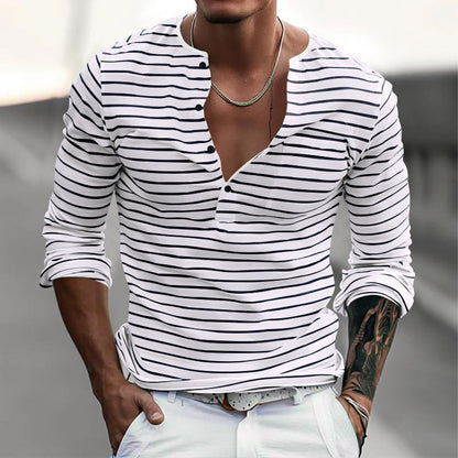T-shirt à manches longues pour homme, à rayures, moderne, fermeture boutonnée