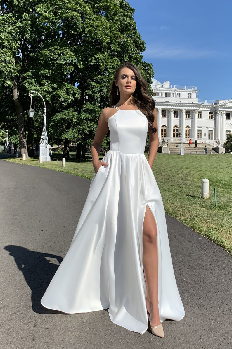 Robe de soirée élégante pour femme, longues bretelles fines