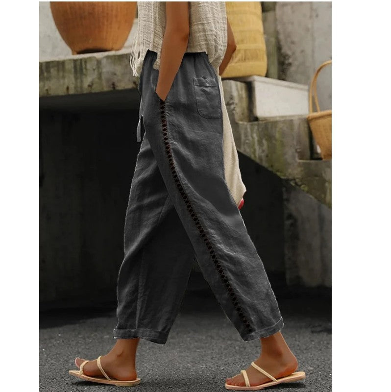 Pantalon Femme Lin Décontracté Dentelle Style Estival