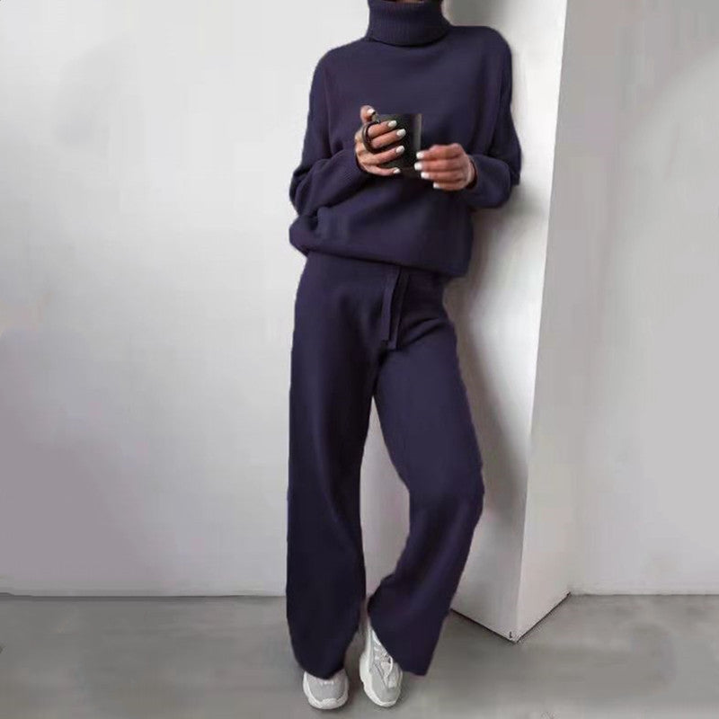 Ensemble tricoté pour femme élégant col montant jambes larges