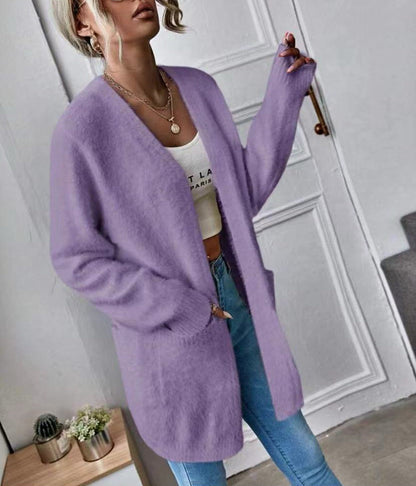 Cardigan doux et moelleux pour femme, design simple et élégant