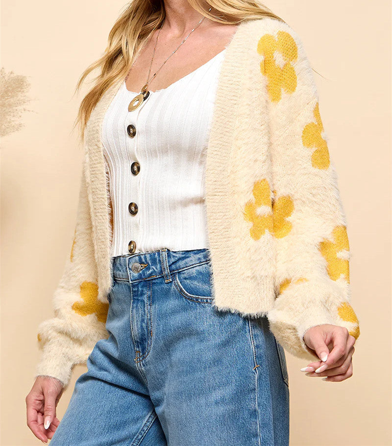 Cardigan femme motif floral doux et confortable