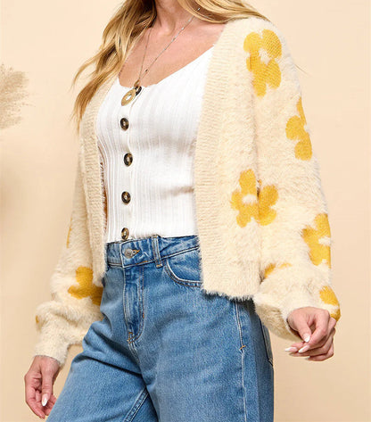 Cardigan femme motif floral doux et confortable